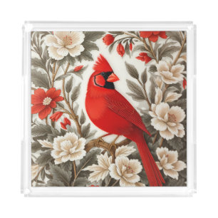 Northern Cardinal Bird Beautiful Floral Acrylic Tray