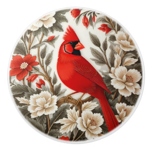 Northern Cardinal Bird Beautiful Floral Ceramic Knob
