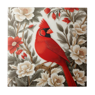 Northern Cardinal Bird Beautiful Floral Ceramic Tile