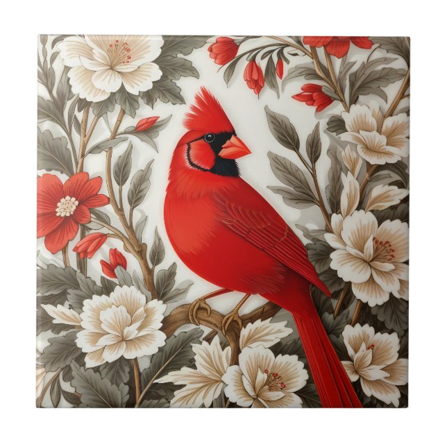 Northern Cardinal Bird Beautiful Floral Ceramic Tile (Front)
