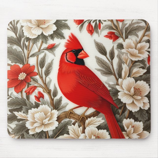 Northern Cardinal Bird Beautiful Floral Mouse Pad (Front)