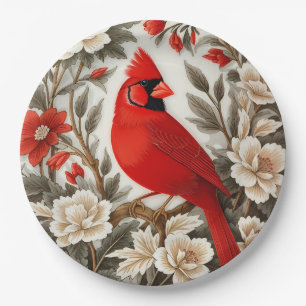 Northern Cardinal Bird Beautiful Floral Paper Plates