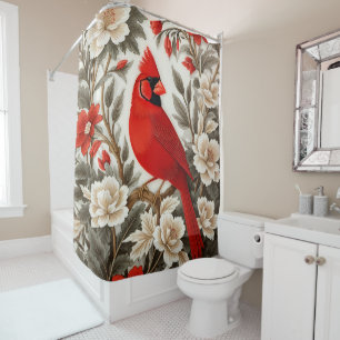 Northern Cardinal Bird Beautiful Floral Shower Curtain