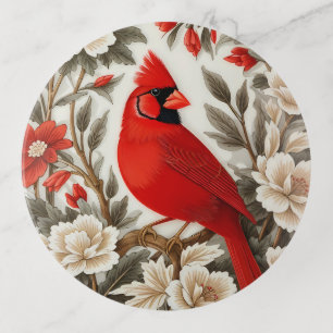 Northern Cardinal Bird Beautiful Floral Trinket Tray