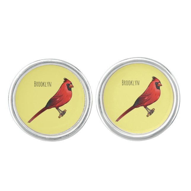 Northern cardinal bird cartoon illustration cufflinks (Front)