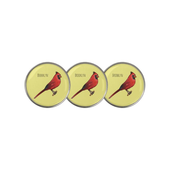 Northern cardinal bird cartoon illustration golf ball marker (3 Up)