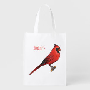 Northern cardinal bird cartoon illustration grocery bag