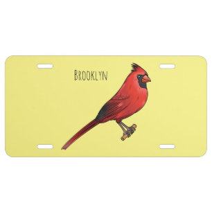 Northern cardinal bird cartoon illustration license plate