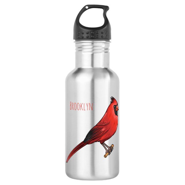 Northern cardinal bird cartoon illustration stainless steel water bottle (Front)