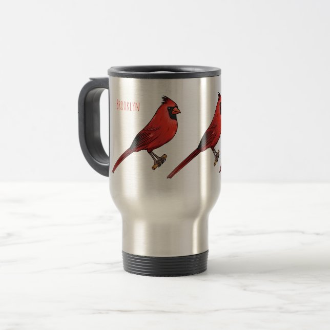 Northern cardinal bird cartoon illustration travel mug (Front Left)