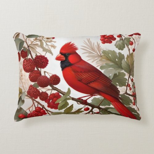 Northern Cardinal Bird Red Berries Accent Pillow