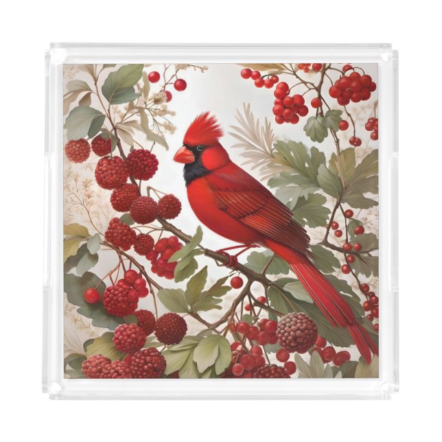 Northern Cardinal Bird Red Berries Acrylic Tray (Front)