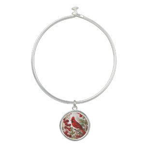 Northern Cardinal Bird Red Berries Bangle Bracelet