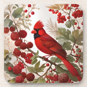 Northern Cardinal Bird Red Berries Beverage Coaster
