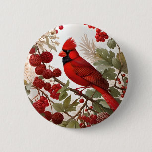 Northern Cardinal Bird Red Berries Button