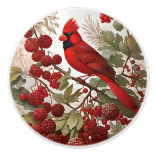 Northern Cardinal Bird Red Berries Ceramic Knob