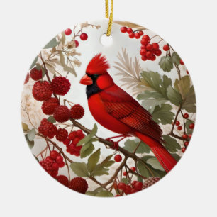 Northern Cardinal Bird Red Berries Ceramic Ornament