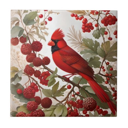 Northern Cardinal Bird Red Berries Ceramic Tile