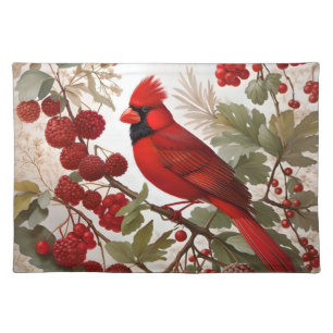Northern Cardinal Bird Red Berries Cloth Placemat