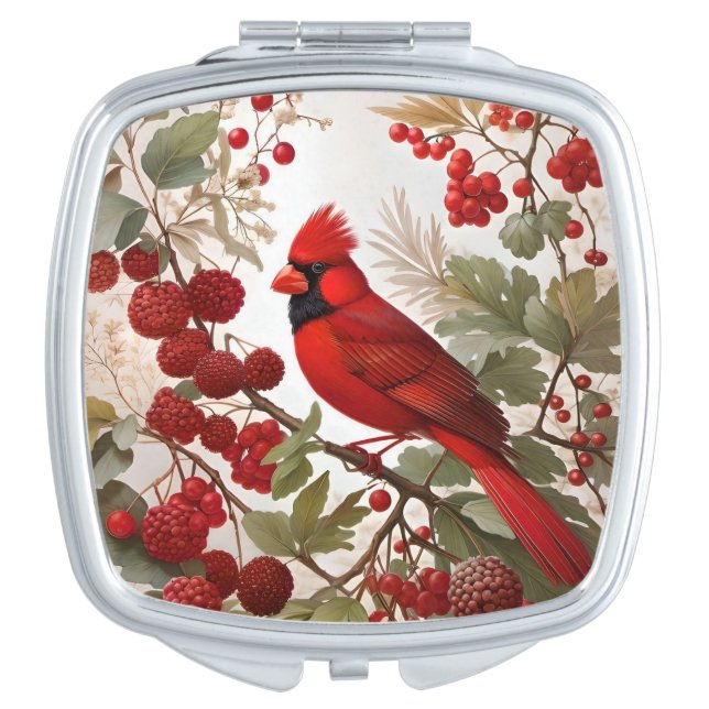 Northern Cardinal Bird Red Berries Compact Mirror (Front)