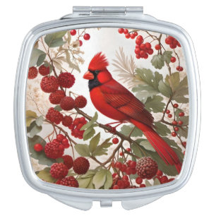 Northern Cardinal Bird Red Berries Compact Mirror
