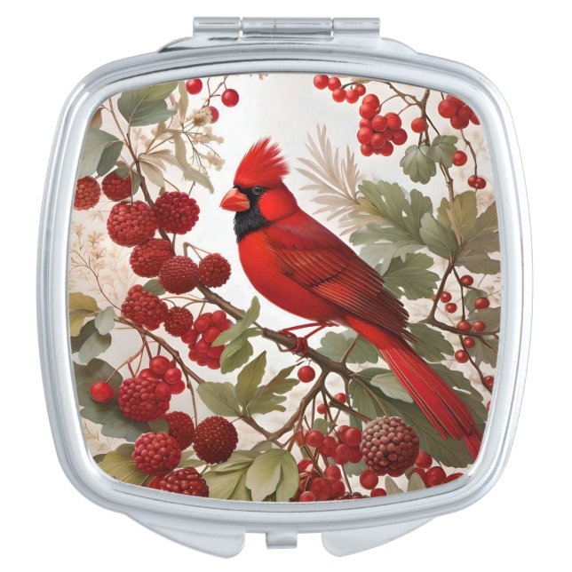 Northern Cardinal Bird Red Berries Compact Mirror (Front)