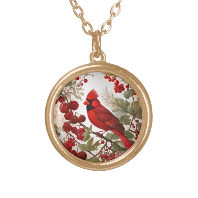 Northern Cardinal Bird Red Berries Gold Plated Necklace (Front)
