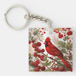Northern Cardinal Bird Red Berries Keychain