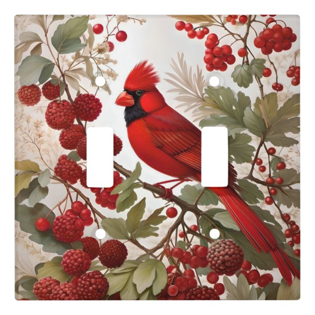 Northern Cardinal Bird Red Berries Light Switch Cover (Front)