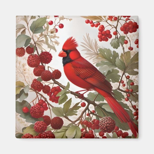 Northern Cardinal Bird Red Berries Magnet (Front)