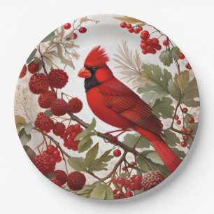 Northern Cardinal Bird Red Berries Paper Plates