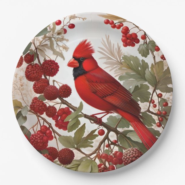 Northern Cardinal Bird Red Berries Paper Plates (Front)
