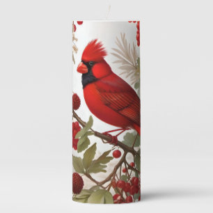 Northern Cardinal Bird Red Berries Pillar Candle