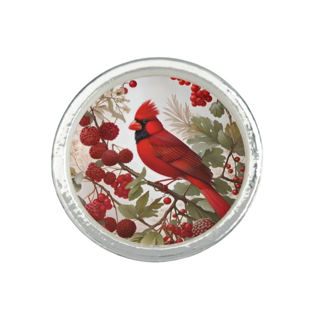 Northern Cardinal Bird Red Berries Ring (Front)