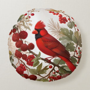 Northern Cardinal Bird Red Berries Round Pillow