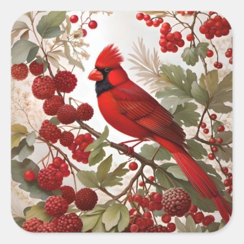 Northern Cardinal Bird Red Berries Square Sticker