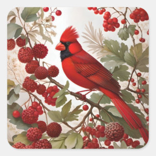Northern Cardinal Bird Red Berries Square Sticker