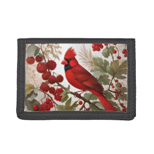 Northern Cardinal Bird Red Berries Tri-fold Wallet