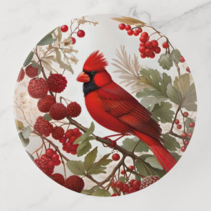 Northern Cardinal Bird Red Berries Trinket Tray