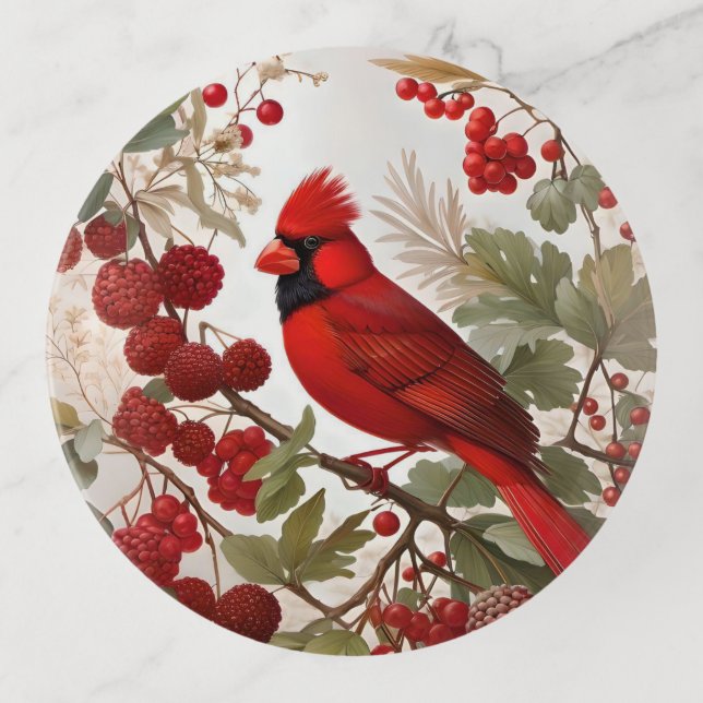 Northern Cardinal Bird Red Berries Trinket Tray (Front)