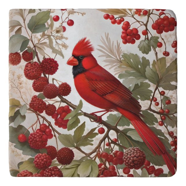 Northern Cardinal Bird Red Berries Trivet (Front)