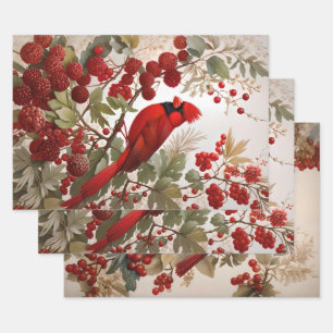 Northern Cardinal Bird Red Berries Wrapping Paper Sheets