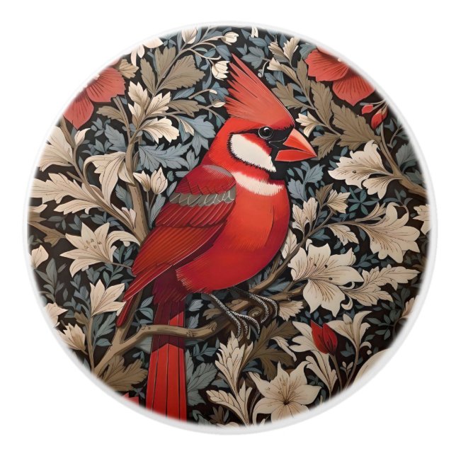 Northern Cardinal Bird William Morris Inspired Ceramic Knob (Front)