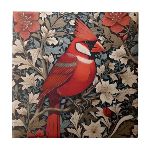 Northern Cardinal Bird William Morris Inspired Ceramic Tile