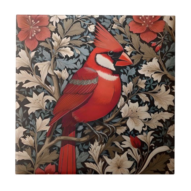 Northern Cardinal Bird William Morris Inspired Ceramic Tile (Front)