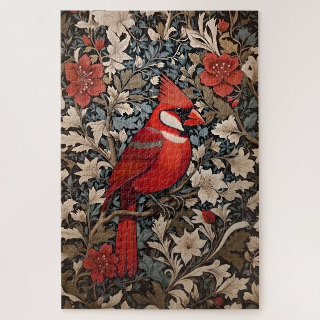 Northern Cardinal Bird William Morris Inspired Jigsaw Puzzle (Vertical)
