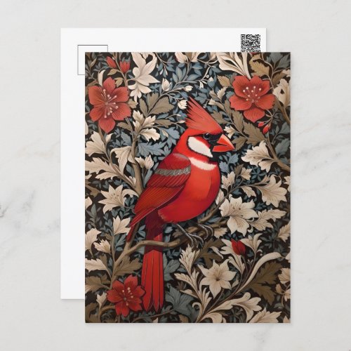 Northern Cardinal Bird William Morris Inspired Postcard