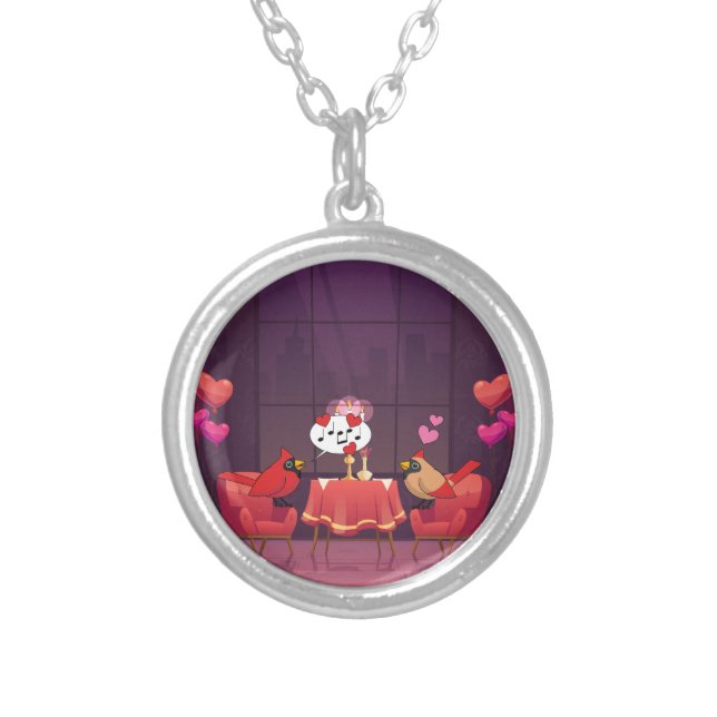 Northern Cardinal Birds Dinner Date Silver Plated Necklace (Front)