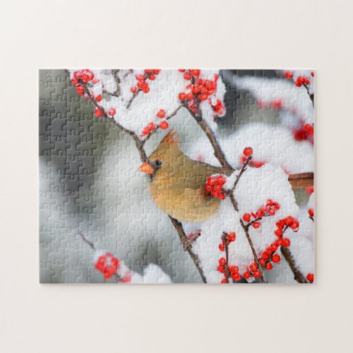 Northern Cardinal female on Common Winterberry Jigsaw Puzzle