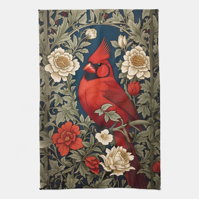 Northern Cardinal Floral William Morris Inspired Kitchen Towel (Vertical)